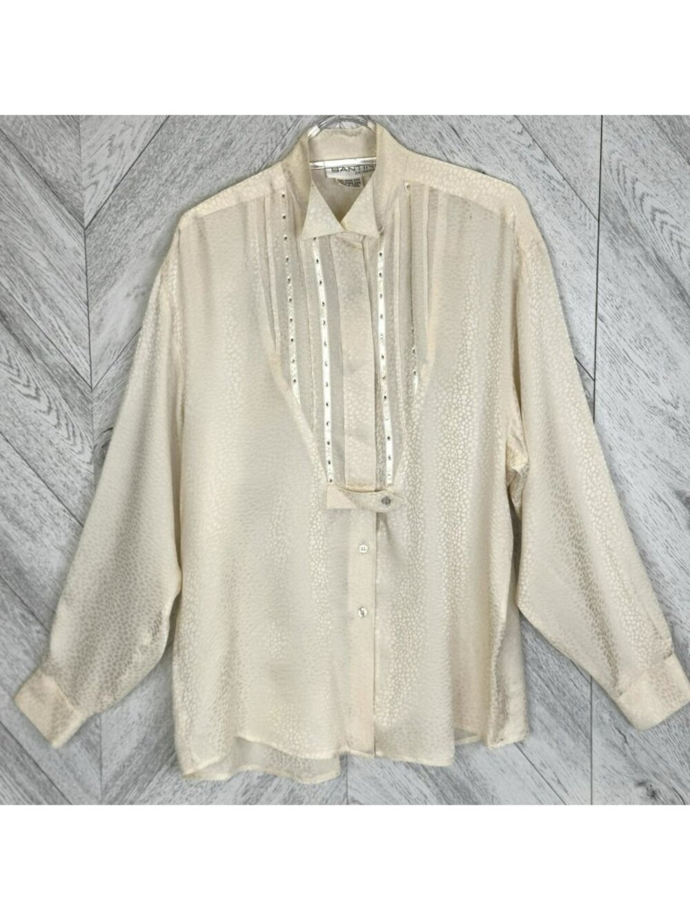 VTG Paolo Santini 100% Silk Blouse Size Large Cream Leopard Jacquard Rhinestone